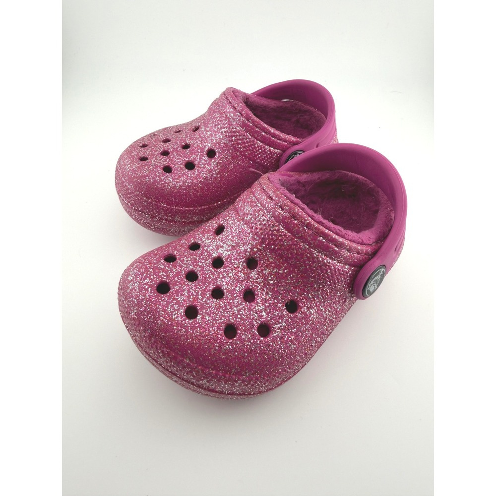 Crocs Classic Lined Glitter Clog Kids Size C5 Pink Sparkle Faux‎ Fur Slip On